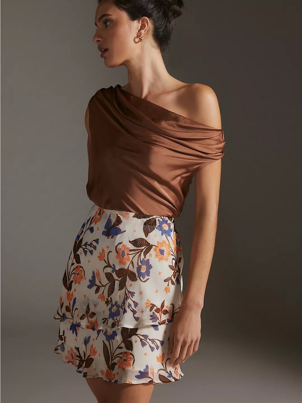 Anthropologie Tiered Floral Mini Skirt in Ivory and Brown